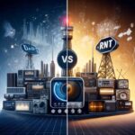 Illustration comparant DAB+ et RNT avec des équipements de radio et des tours de transmission